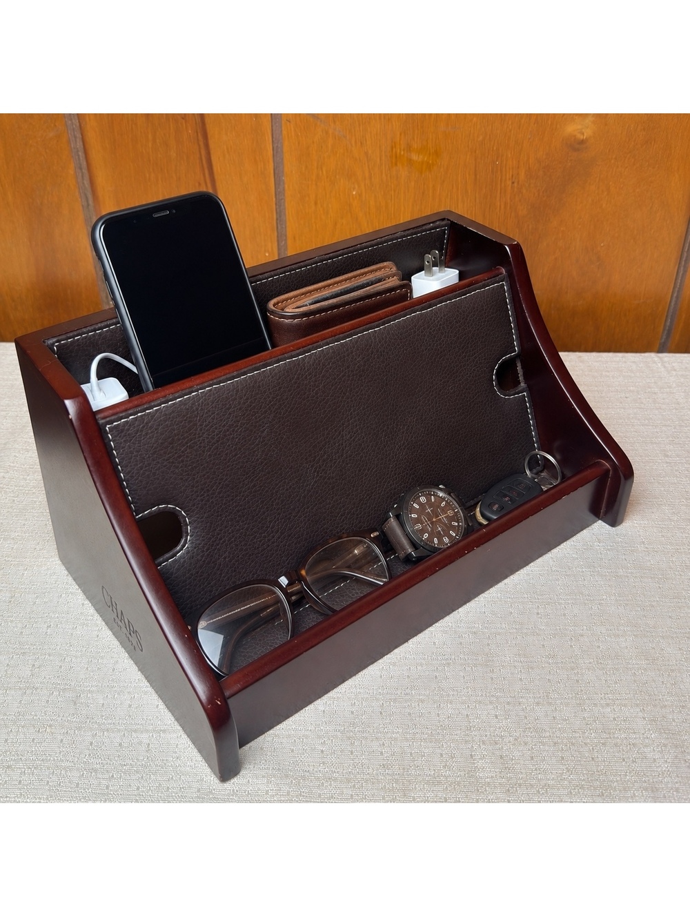 Chaps Wood Charging Station Organizer Brown Faux Leather Desk Nightstand Caddy